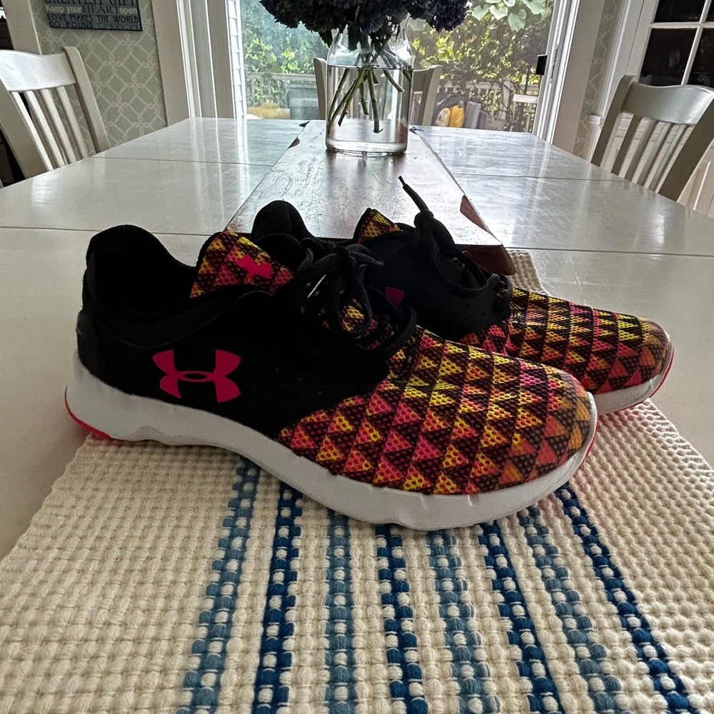 UA Under Armour Geometric Sneakers Black Pink Yellow Size 7Y or 8.5 Woman’s